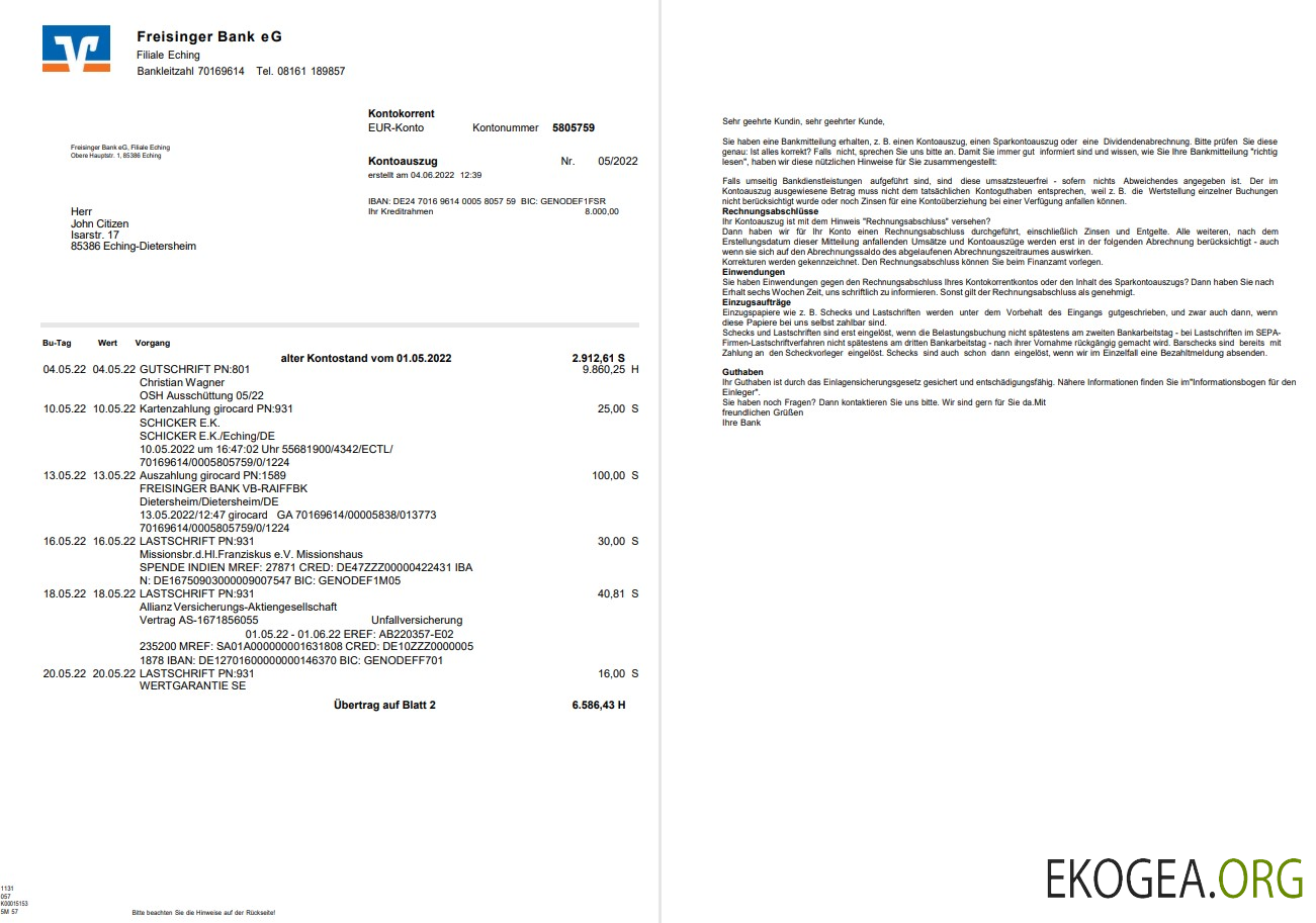 Allemagne Freisinger Bank Relevé eG 2 pages